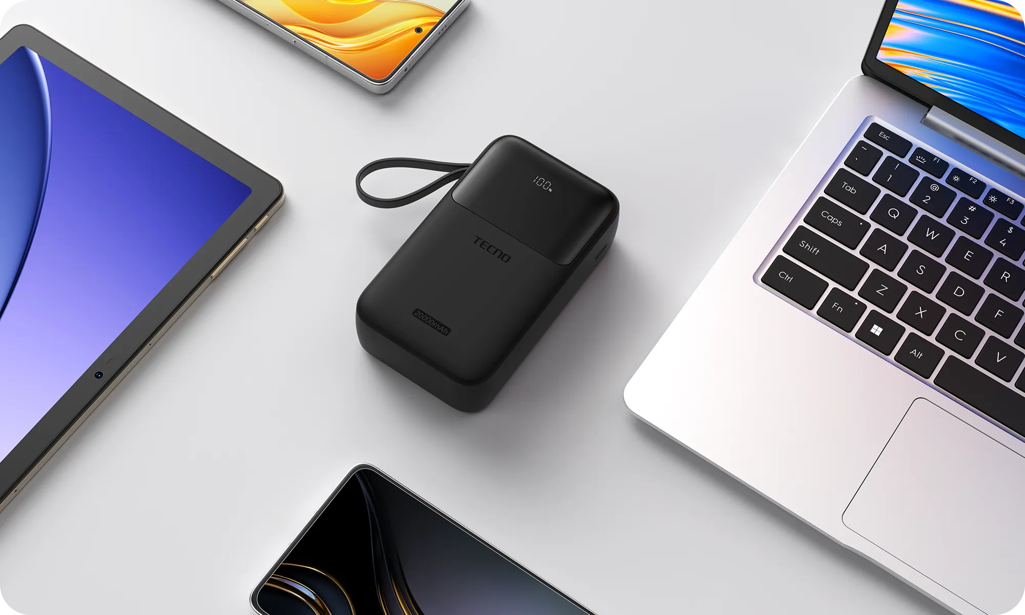 TECNO L201Q Power Bank 20000mAh – Charge Rapide 22.5W avec 4 Câbles Intégrés et Support Téléphone | Livraison Gabon | Kadmarket